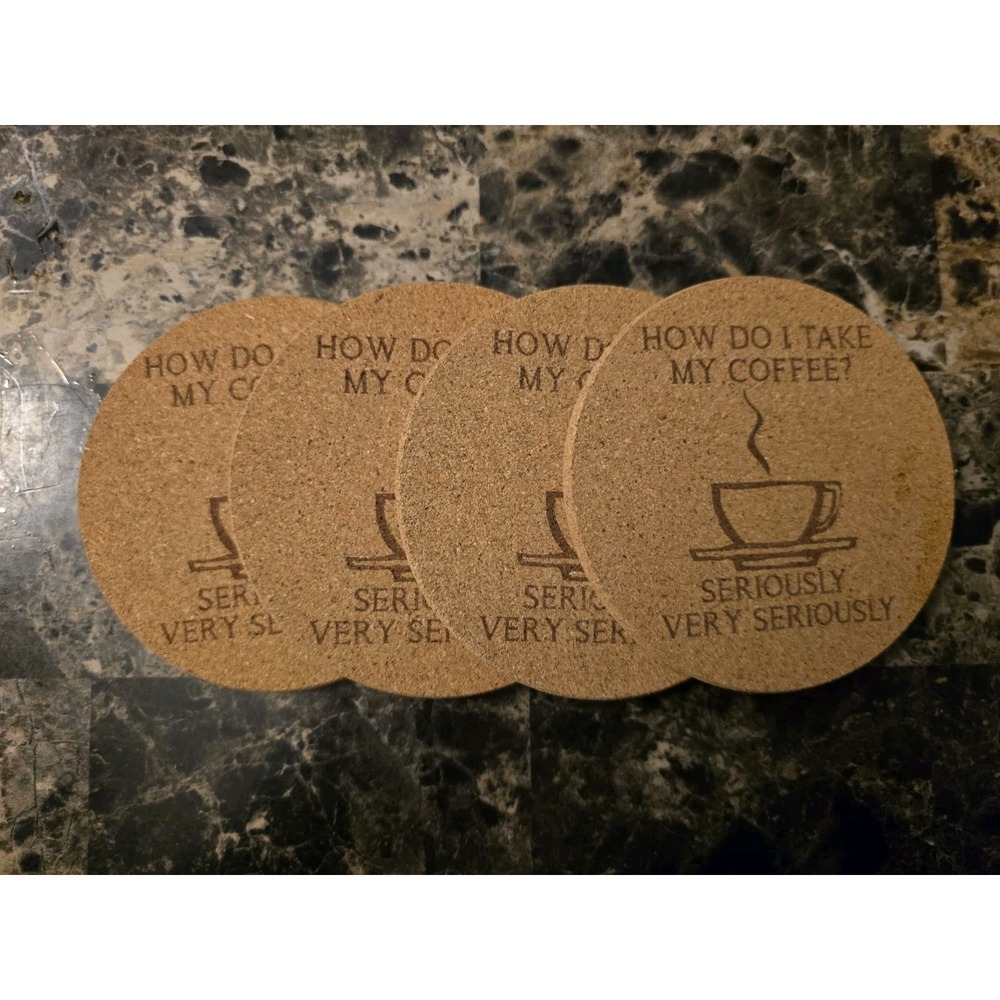 Handmade Cork Coasters Coffee Funny Comical Set Of 4 Round 4x4 Brown